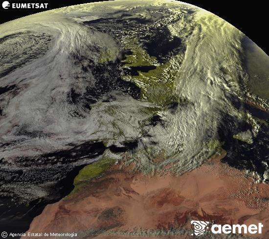Esta imagen se genera utilizando informaci�n de los canales visibles del sat�lite METEOSAT perteneciente a la segunda generaci�n de sat�lites Meteosat (MSG). Por ese motivo, s�lo hay informaci�n en la zona iluminada por el sol. Adem�s, los canales han sido normalizados para que el brillo no dependa de la posici�n del sol.&nbsp;larunbata, 2026ko martxoak 14, ordua: 17:00
