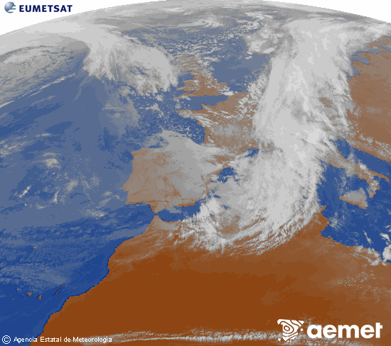 Imatge de la zona d'Europa i Nord d'�frica del canal infraroig del sat�l�lit Meteosat operacional en 0�N 0�W, processada per a donar-li color.&nbsp;dissabte, 14 de mar�  2026 17:00