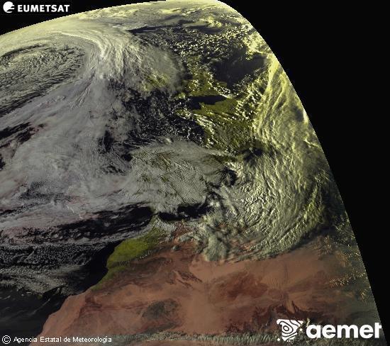 Esta imagen se genera utilizando informaci�n de los canales visibles del sat�lite METEOSAT perteneciente a la segunda generaci�n de sat�lites Meteosat (MSG). Por ese motivo, s�lo hay informaci�n en la zona iluminada por el sol. Adem�s, los canales han sido normalizados para que el brillo no dependa de la posici�n del sol.&nbsp;larunbata, 2026ko martxoak 14, ordua: 18:00