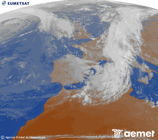 Imatge de la zona d'Europa i Nord d'�frica del canal infraroig del sat�l�lit Meteosat operacional en 0�N 0�W, processada per a donar-li color.&nbsp;dissabte, 14 de mar�  2026 18:00