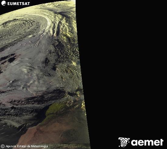 Esta imagen se genera utilizando informaci�n de los canales visibles del sat�lite METEOSAT perteneciente a la segunda generaci�n de sat�lites Meteosat (MSG). Por ese motivo, s�lo hay informaci�n en la zona iluminada por el sol. Adem�s, los canales han sido normalizados para que el brillo no dependa de la posici�n del sol.&nbsp;larunbata, 2026ko martxoak 14, ordua: 19:00