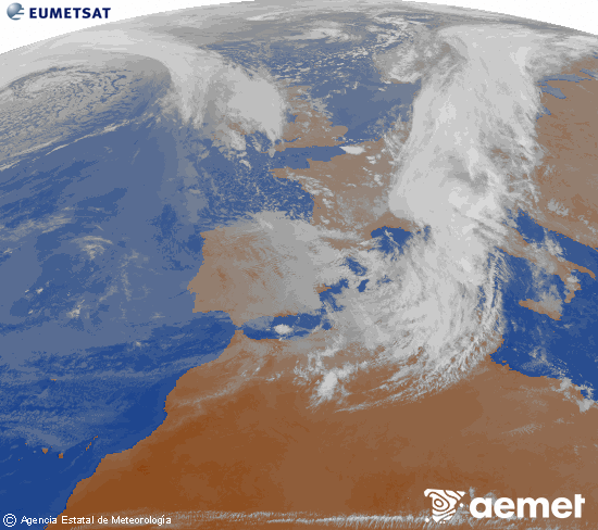 Imatge de la zona d'Europa i Nord d'�frica del canal infraroig del sat�l�lit Meteosat operacional en 0�N 0�W, processada per a donar-li color.&nbsp;dissabte, 14 de mar�  2026 19:00