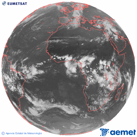 Imagen global del canal infrarrojo (10.8 &mu;m) del sat�lite Meteosat, perteneciente a la serie MSG (Meteosat Segunda Generaci�n) y situado en 0�N 0�E.&nbsp;s�bado, 14 marzo 2026 a las 19:00
