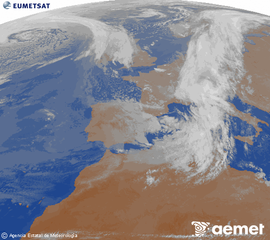 Imaxe da zona de Europa e Norte de �frica da canle infravermella do sat�lite Meteosat operacional en 0�N 0�W, procesada para darlle cor.&nbsp;s�bado , 14 marzo  2026 21:00