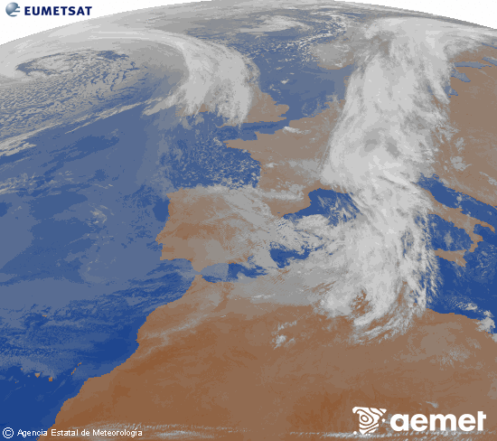 Imagen de la zona de Europa y Norte de �frica del canal infrarrojo del sat�lite Meteosat operacional en 0�N 0�W, procesada para darle color.&nbsp;larunbata, 2026ko martxoak 14, ordua: 22:00