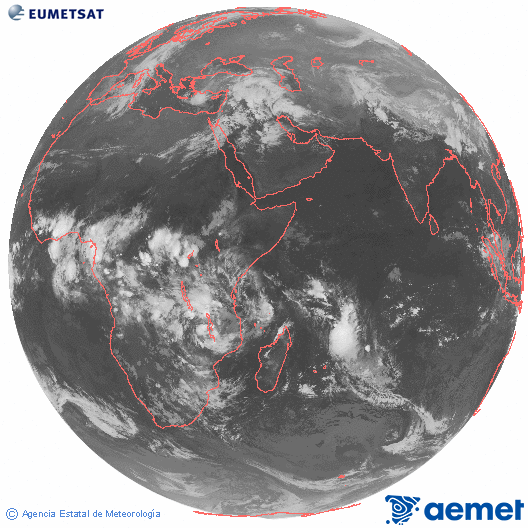 Oc�ano �ndico. Imagen global del canal infrarrojo (10.8&mu;m) de Meteosat, perteneciente a la serie MSG (Meteosat Segunda Generaci�n) y situado en 41.5° E.&nbsp;dissabte, 14 de mar�  2026 22:00