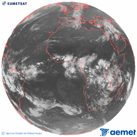 Imagen global del canal infrarrojo (10.8 &mu;m) del sat�lite Meteosat, perteneciente a la serie MSG (Meteosat Segunda Generaci�n) y situado en 0�N 0�E.&nbsp;s�bado, 14 marzo 2026 a las 22:00