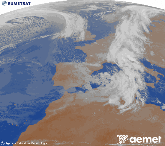 Imagen de la zona de Europa y Norte de �frica del canal infrarrojo del sat�lite Meteosat operacional en 0�N 0�W, procesada para darle color.&nbsp;larunbata, 2026ko martxoak 14, ordua: 23:00