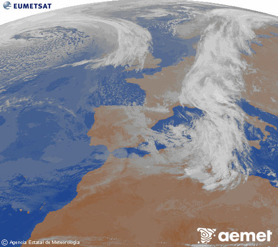 Imagen de la zona de Europa y Norte de �frica del canal infrarrojo del sat�lite Meteosat operacional en 0�N 0�W, procesada para darle color.&nbsp;igandea, 2026ko martxoak 15, ordua: 00:00
