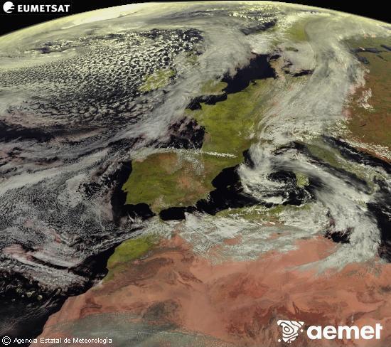 Esta imagen se genera utilizando informaci�n de los canales visibles del sat�lite METEOSAT perteneciente a la segunda generaci�n de sat�lites Meteosat (MSG). Por ese motivo, s�lo hay informaci�n en la zona iluminada por el sol. Adem�s, los canales han sido normalizados para que el brillo no dependa de la posici�n del sol.&nbsp;domingo, 15 marzo 2026 a las 13:00