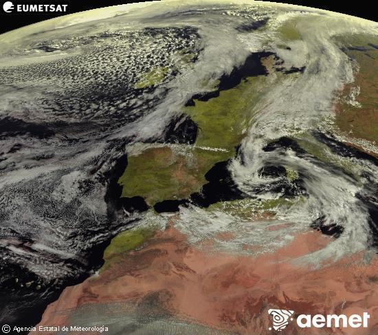 Esta imagen se genera utilizando informaci�n de los canales visibles del sat�lite METEOSAT perteneciente a la segunda generaci�n de sat�lites Meteosat (MSG). Por ese motivo, s�lo hay informaci�n en la zona iluminada por el sol. Adem�s, los canales han sido normalizados para que el brillo no dependa de la posici�n del sol.&nbsp;domingo, 15 marzo 2026 a las 14:00