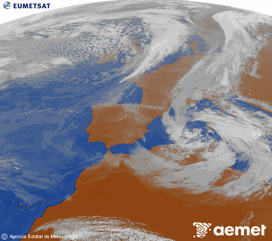 Imatge de la zona d'Europa i Nord d'�frica del canal infraroig del sat�l�lit Meteosat operacional en 0�N 0�W, processada per a donar-li color.&nbsp;diumenge, 15 de mar�  2026 16:00
