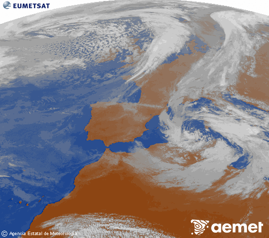 Imatge de la zona d'Europa i Nord d'�frica del canal infraroig del sat�l�lit Meteosat operacional en 0�N 0�W, processada per a donar-li color.&nbsp;diumenge, 15 de mar�  2026 17:00