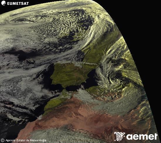 Esta imagen se genera utilizando informaci�n de los canales visibles del sat�lite METEOSAT perteneciente a la segunda generaci�n de sat�lites Meteosat (MSG). Por ese motivo, s�lo hay informaci�n en la zona iluminada por el sol. Adem�s, los canales han sido normalizados para que el brillo no dependa de la posici�n del sol.&nbsp;domingo, 15 marzo 2026 a las 18:00
