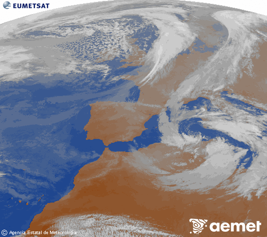 Imatge de la zona d'Europa i Nord d'�frica del canal infraroig del sat�l�lit Meteosat operacional en 0�N 0�W, processada per a donar-li color.&nbsp;diumenge, 15 de mar�  2026 19:00
