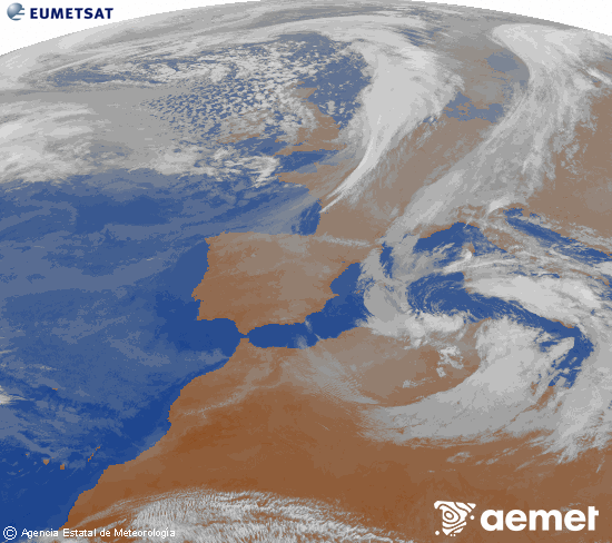 Imatge de la zona d'Europa i Nord d'�frica del canal infraroig del sat�l�lit Meteosat operacional en 0�N 0�W, processada per a donar-li color.&nbsp;diumenge, 15 de mar�  2026 20:00