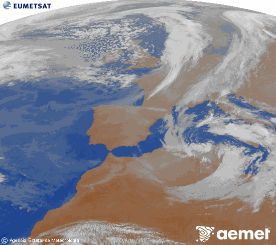 Imatge de la zona d'Europa i Nord d'�frica del canal infraroig del sat�l�lit Meteosat operacional en 0�N 0�W, processada per a donar-li color.&nbsp;diumenge, 15 de mar�  2026 21:00