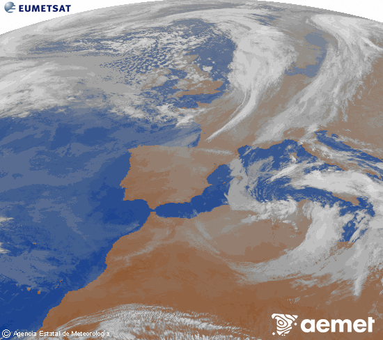 Imatge de la zona d'Europa i Nord d'�frica del canal infraroig del sat�l�lit Meteosat operacional en 0�N 0�W, processada per a donar-li color.&nbsp;diumenge, 15 de mar�  2026 22:00