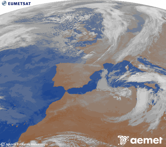 Imatge de la zona d'Europa i Nord d'�frica del canal infraroig del sat�l�lit Meteosat operacional en 0�N 0�W, processada per a donar-li color.&nbsp;dilluns, 16 de mar�  2026 00:00