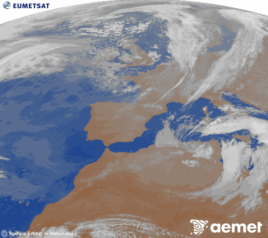 Imatge de la zona d'Europa i Nord d'�frica del canal infraroig del sat�l�lit Meteosat operacional en 0�N 0�W, processada per a donar-li color.&nbsp;dilluns, 16 de mar�  2026 01:00