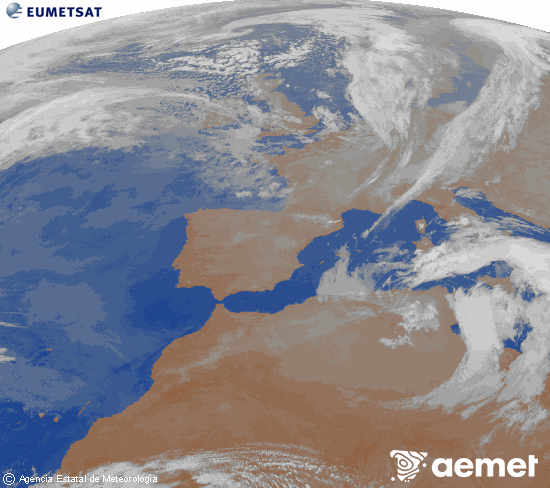 Imatge de la zona d'Europa i Nord d'�frica del canal infraroig del sat�l�lit Meteosat operacional en 0�N 0�W, processada per a donar-li color.&nbsp;dilluns, 16 de mar�  2026 02:00