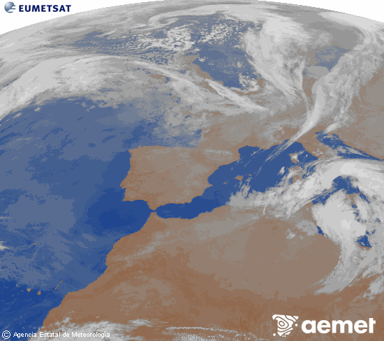 Imatge de la zona d'Europa i Nord d'�frica del canal infraroig del sat�l�lit Meteosat operacional en 0�N 0�W, processada per a donar-li color.&nbsp;dilluns, 16 de mar�  2026 05:00