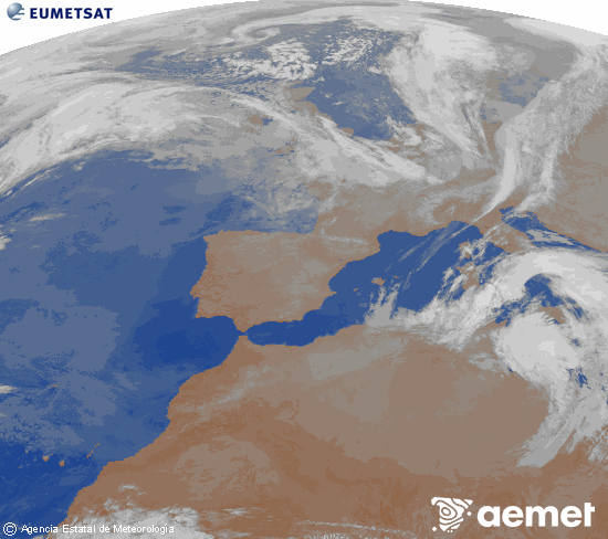 Imatge de la zona d'Europa i Nord d'�frica del canal infraroig del sat�l�lit Meteosat operacional en 0�N 0�W, processada per a donar-li color.&nbsp;dilluns, 16 de mar�  2026 06:00