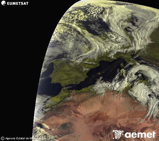 Esta imagen se genera utilizando informaci�n de los canales visibles del sat�lite METEOSAT perteneciente a la segunda generaci�n de sat�lites Meteosat (MSG). Por ese motivo, s�lo hay informaci�n en la zona iluminada por el sol. Adem�s, los canales han sido normalizados para que el brillo no dependa de la posici�n del sol.&nbsp;lunes, 16 marzo 2026 a las 08:00