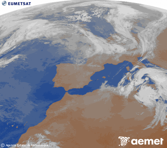 Imatge de la zona d'Europa i Nord d'�frica del canal infraroig del sat�l�lit Meteosat operacional en 0�N 0�W, processada per a donar-li color.&nbsp;dilluns, 16 de mar�  2026 08:00