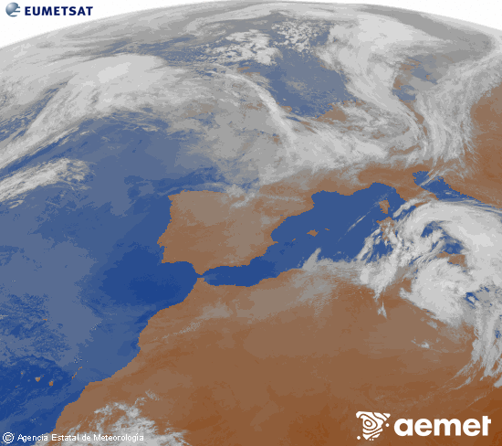 Imatge de la zona d'Europa i Nord d'�frica del canal infraroig del sat�l�lit Meteosat operacional en 0�N 0�W, processada per a donar-li color.&nbsp;dilluns, 16 de mar�  2026 09:00