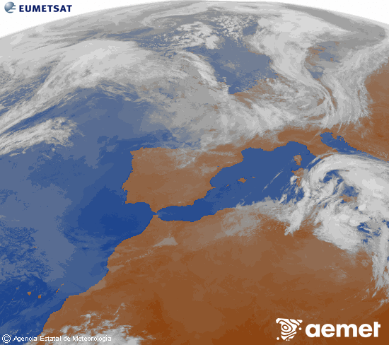 Imatge de la zona d'Europa i Nord d'�frica del canal infraroig del sat�l�lit Meteosat operacional en 0�N 0�W, processada per a donar-li color.&nbsp;dilluns, 16 de mar�  2026 10:00
