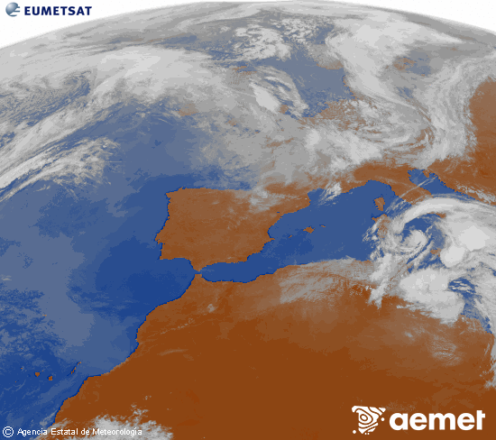 Imatge de la zona d'Europa i Nord d'�frica del canal infraroig del sat�l�lit Meteosat operacional en 0�N 0�W, processada per a donar-li color.&nbsp;dilluns, 16 de mar�  2026 12:00