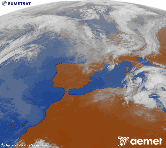 Imatge de la zona d'Europa i Nord d'�frica del canal infraroig del sat�l�lit Meteosat operacional en 0�N 0�W, processada per a donar-li color.&nbsp;dilluns, 16 de mar�  2026 13:00