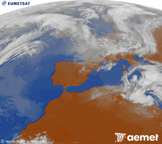Imatge de la zona d'Europa i Nord d'�frica del canal infraroig del sat�l�lit Meteosat operacional en 0�N 0�W, processada per a donar-li color.&nbsp;dilluns, 16 de mar�  2026 14:00