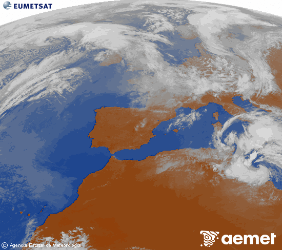 Imatge de la zona d'Europa i Nord d'�frica del canal infraroig del sat�l�lit Meteosat operacional en 0�N 0�W, processada per a donar-li color.&nbsp;dilluns, 16 de mar�  2026 15:00