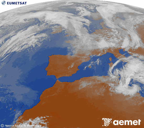 Imagen de la zona de Europa y Norte de �frica del canal infrarrojo del sat�lite Meteosat operacional en 0�N 0�W, procesada para darle color.&nbsp;lunes, 16 marzo 2026 a las 16:00