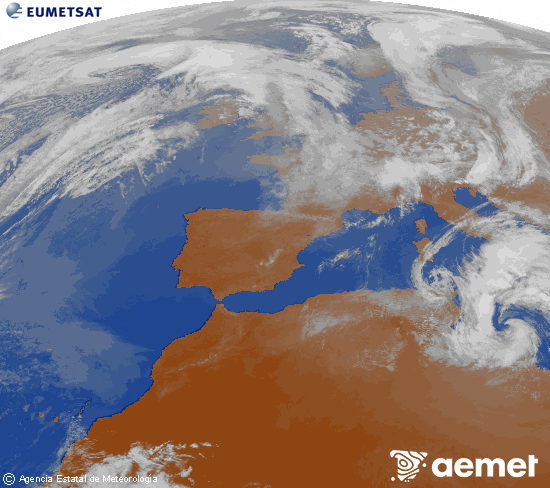Imagen de la zona de Europa y Norte de �frica del canal infrarrojo del sat�lite Meteosat operacional en 0�N 0�W, procesada para darle color.&nbsp;lunes, 16 marzo 2026 a las 17:00