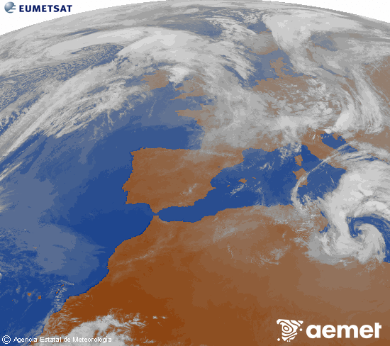 Imagen de la zona de Europa y Norte de �frica del canal infrarrojo del sat�lite Meteosat operacional en 0�N 0�W, procesada para darle color.&nbsp;lunes, 16 marzo 2026 a las 18:00