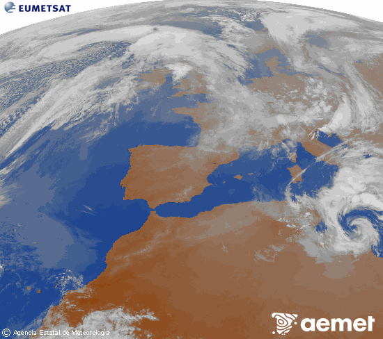 Imagen de la zona de Europa y Norte de �frica del canal infrarrojo del sat�lite Meteosat operacional en 0�N 0�W, procesada para darle color.&nbsp;lunes, 16 marzo 2026 a las 19:00