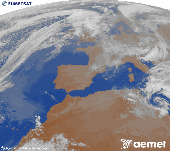Imagen de la zona de Europa y Norte de �frica del canal infrarrojo del sat�lite Meteosat operacional en 0�N 0�W, procesada para darle color.&nbsp;lunes, 16 marzo 2026 a las 22:00