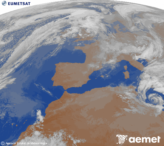 Imagen de la zona de Europa y Norte de �frica del canal infrarrojo del sat�lite Meteosat operacional en 0�N 0�W, procesada para darle color.&nbsp;lunes, 16 marzo 2026 a las 23:00
