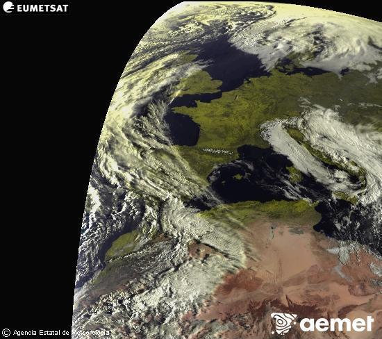 Esta imaxe x�rase utilizando informaci�n das canles visibles do sat�lite METEOSAT pertencente � segunda xeraci�n de sat�lites  Meteosat (MSX). Por ese motivo, s� hai informaci�n na zona iluminada polo sol. Ademais, as canles foron normalizadas para que o brillo non dependa da posici�n do sol.&nbsp;m�rcores, 18 marzo  2026 08:00
