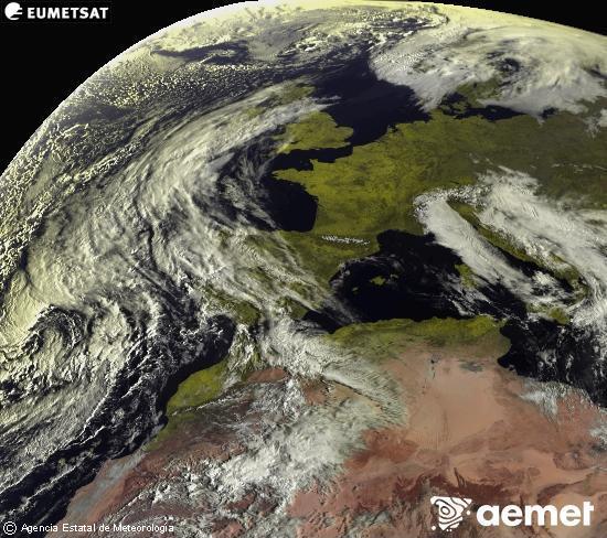 Esta imaxe x�rase utilizando informaci�n das canles visibles do sat�lite METEOSAT pertencente � segunda xeraci�n de sat�lites  Meteosat (MSX). Por ese motivo, s� hai informaci�n na zona iluminada polo sol. Ademais, as canles foron normalizadas para que o brillo non dependa da posici�n do sol.&nbsp;m�rcores, 18 marzo  2026 09:00