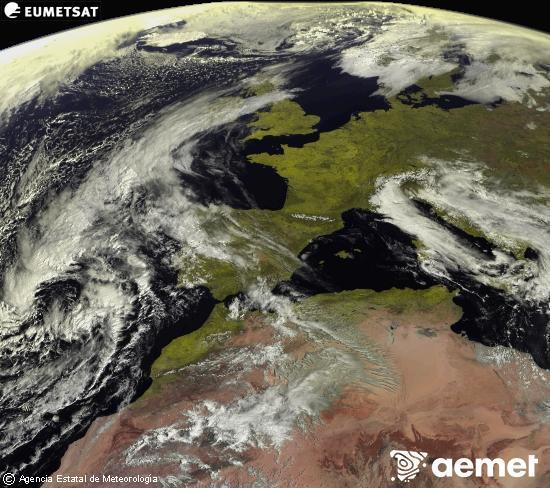 Esta imaxe x�rase utilizando informaci�n das canles visibles do sat�lite METEOSAT pertencente � segunda xeraci�n de sat�lites  Meteosat (MSX). Por ese motivo, s� hai informaci�n na zona iluminada polo sol. Ademais, as canles foron normalizadas para que o brillo non dependa da posici�n do sol.&nbsp;m�rcores, 18 marzo  2026 11:00