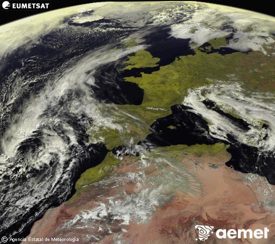 Esta imaxe x�rase utilizando informaci�n das canles visibles do sat�lite METEOSAT pertencente � segunda xeraci�n de sat�lites  Meteosat (MSX). Por ese motivo, s� hai informaci�n na zona iluminada polo sol. Ademais, as canles foron normalizadas para que o brillo non dependa da posici�n do sol.&nbsp;m�rcores, 18 marzo  2026 12:00
