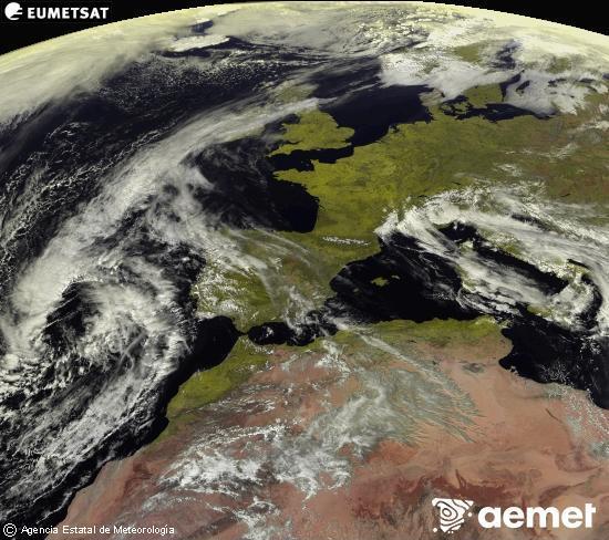 Esta imaxe x�rase utilizando informaci�n das canles visibles do sat�lite METEOSAT pertencente � segunda xeraci�n de sat�lites  Meteosat (MSX). Por ese motivo, s� hai informaci�n na zona iluminada polo sol. Ademais, as canles foron normalizadas para que o brillo non dependa da posici�n do sol.&nbsp;m�rcores, 18 marzo  2026 14:00
