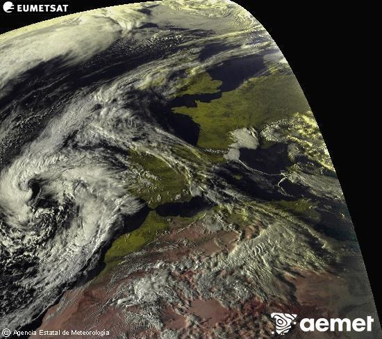 Esta imaxe x�rase utilizando informaci�n das canles visibles do sat�lite METEOSAT pertencente � segunda xeraci�n de sat�lites  Meteosat (MSX). Por ese motivo, s� hai informaci�n na zona iluminada polo sol. Ademais, as canles foron normalizadas para que o brillo non dependa da posici�n do sol.&nbsp;m�rcores, 18 marzo  2026 18:00