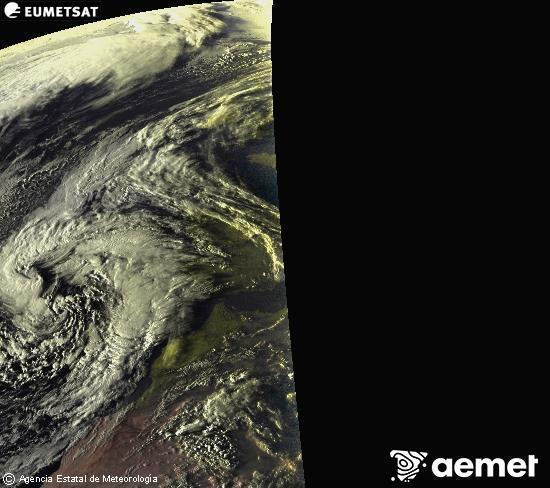 Esta imaxe x�rase utilizando informaci�n das canles visibles do sat�lite METEOSAT pertencente � segunda xeraci�n de sat�lites  Meteosat (MSX). Por ese motivo, s� hai informaci�n na zona iluminada polo sol. Ademais, as canles foron normalizadas para que o brillo non dependa da posici�n do sol.&nbsp;m�rcores, 18 marzo  2026 19:00