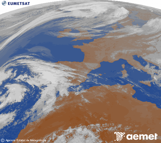Imagen de la zona de Europa y Norte de �frica del canal infrarrojo del sat�lite Meteosat operacional en 0�N 0�W, procesada para darle color.&nbsp;dijous, 19 de mar�  2026 19:00
