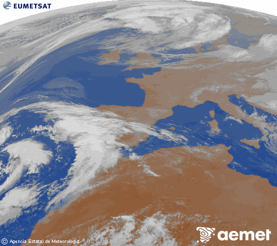 Imagen de la zona de Europa y Norte de �frica del canal infrarrojo del sat�lite Meteosat operacional en 0�N 0�W, procesada para darle color.&nbsp;dijous, 19 de mar�  2026 21:00
